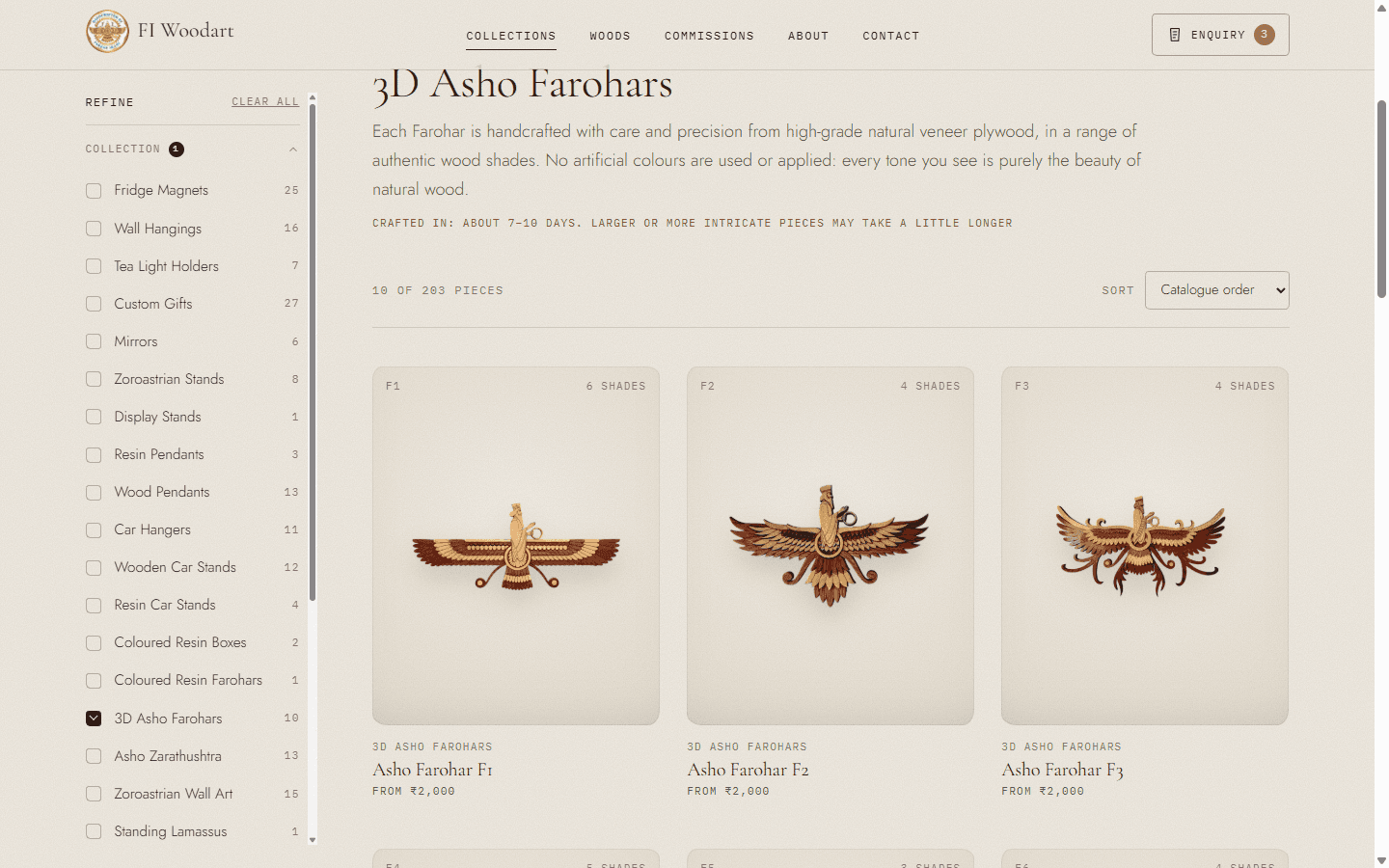 The catalogue filtered to one collection. On the left, the Collection filter is open, listing Fridge Magnets, Wall Hangings, Tea Light Holders and the rest with a count beside each, and 3D Asho Farohars ticked. On the right, the collection's heading, its description from the catalogue and the line Crafted in about 7 to 10 days, then 10 of 203 pieces, sorted in catalogue order, and a row of three Farohar cards, F1, F2 and F3, each showing its number of wood shades and its starting price.