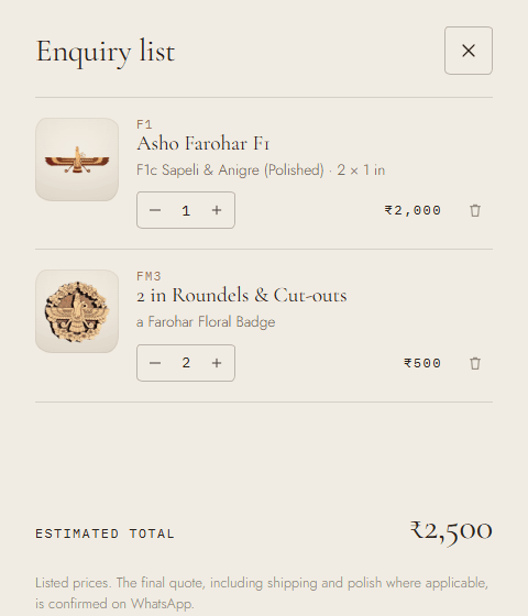 The enquiry list drawer. Two lines: Asho Farohar F1 in F1c Sapeli and Anigre, polished, 2 by 1 inches, quantity 1, and 2 inch Roundels and Cut-outs, a Farohar floral badge, quantity 2, each with a thumbnail, quantity buttons, a price and a delete icon. Below, the estimated total and a note that listed prices are confirmed, with shipping and polish, on WhatsApp.