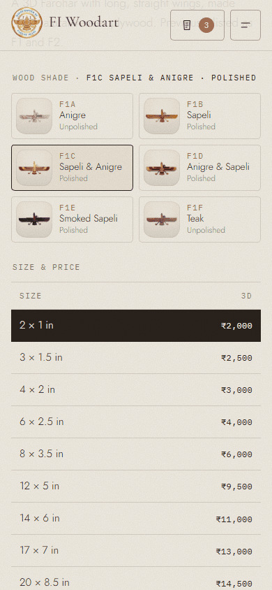 The F1 page on a phone. A two-column grid of six wood-shade swatches with F1c Sapeli and Anigre polished selected, then a size and price table from 2 by 1 inches to 20 by 8.5 inches, with the first row highlighted. The header shows the enquiry button with a count of three.