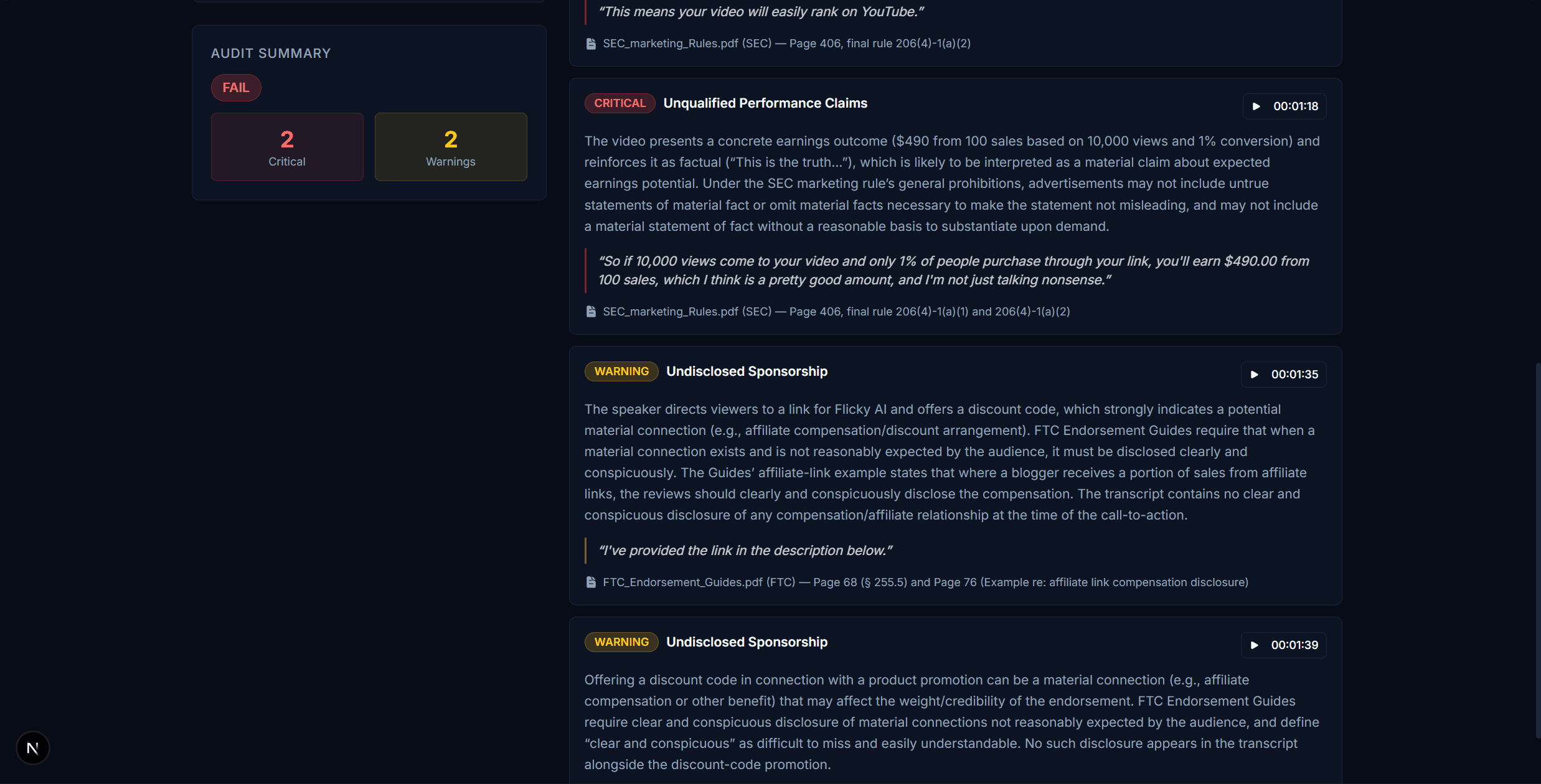 The same dashboard scrolled down. Left: Audit Summary with a red FAIL badge, 2 Critical and 2 Warnings. Right: three stacked finding cards. The first is CRITICAL, Unqualified Performance Claims, at 00:01:18, with a five-line paragraph of reasoning about a concrete earnings claim, the quoted sentence, and a citation naming a source PDF, page 406 and final rule 206(4)-1(a)(1) and (a)(2). The second and third are WARNING, Undisclosed Sponsorship, at 00:01:35 and 00:01:39, each with a paragraph about a link or discount code indicating a material connection, a quote, and a citation to the FTC Endorsement Guides PDF with page numbers and section 255.5.