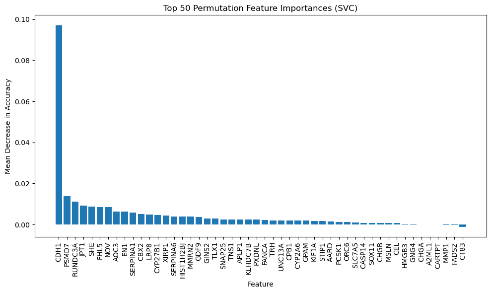 Bar chart of the top 50 permutation feature importances for the histology SVM; CDH1 is about 0.097 and every other gene is below 0.015