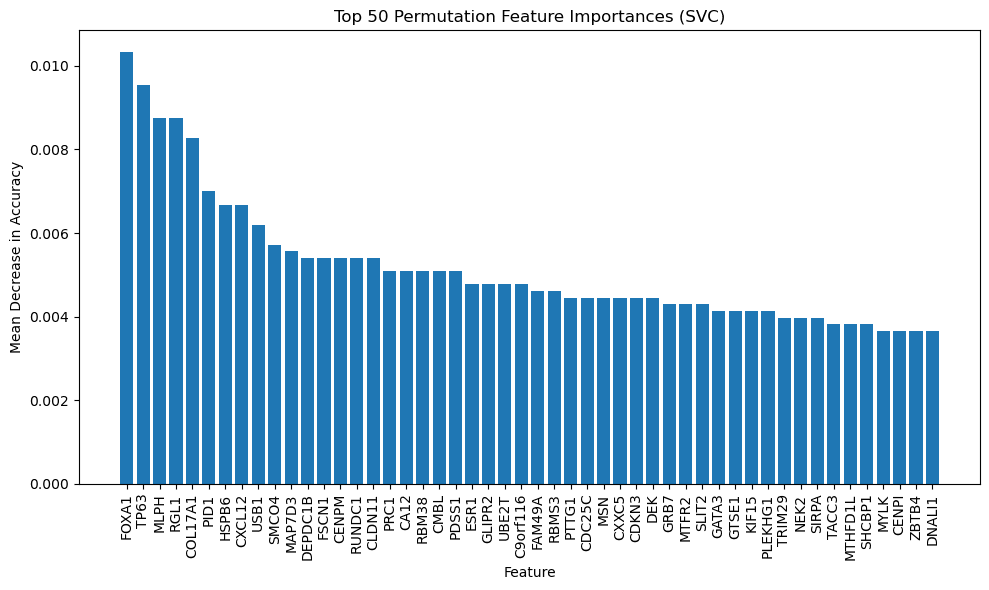 Bar chart of the top 50 permutation feature importances for the PAM50 SVM, led by FOXA1, TP63 and MLPH with a gradual decline